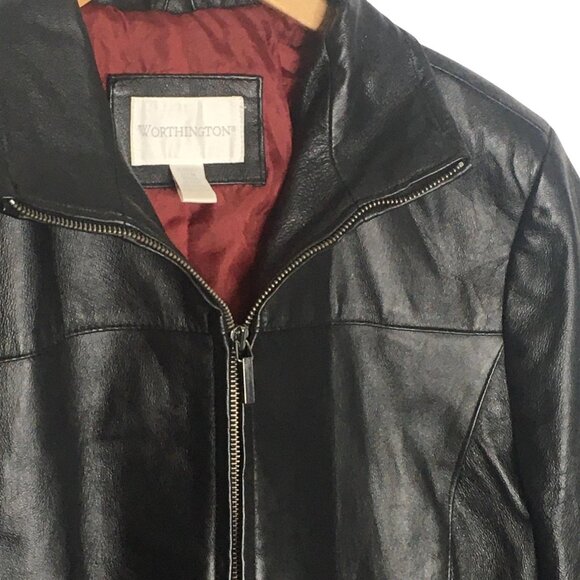 Worthington Jacket Womens XL Black Leather Zip Front Burgundy Lined Classic - Picture 2 of 16